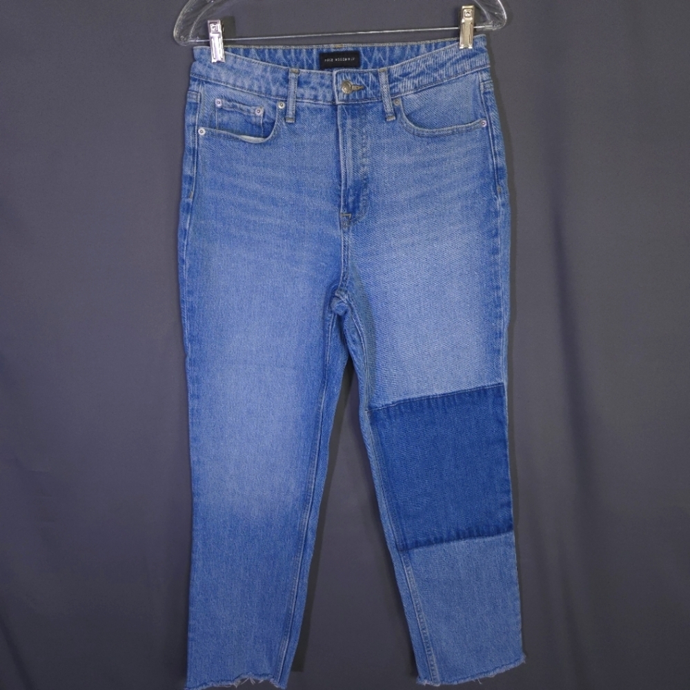 Free Assembly Super High Rise Straight Jeans Size 6 Raw Hem Patchwork Denim